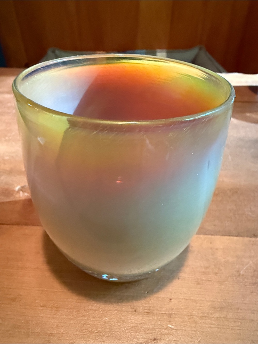 Glassybaby Iridescent Glass votive in yellow and orange